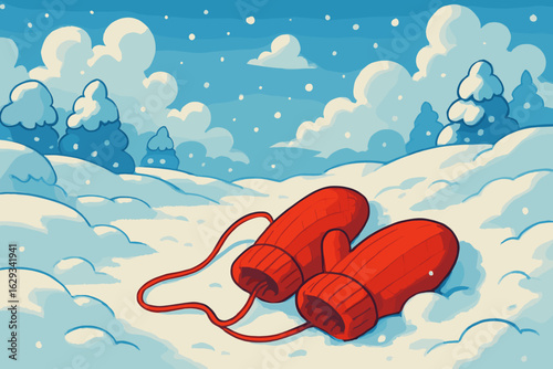 Red mittens lying in snow under winter sky with snowflakes  