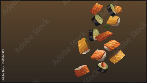 An assortment of sushi pieces including salmon and cucumber rolls on a brown background image art