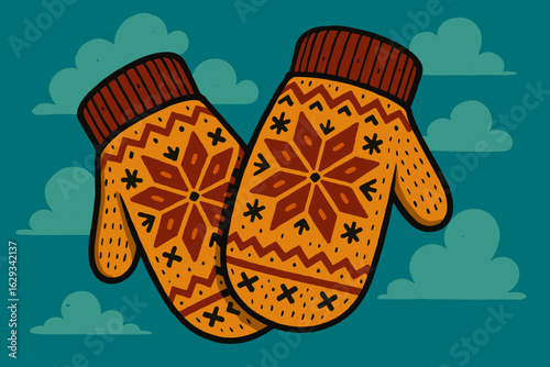 Colorful mittens with floral pattern on teal background  