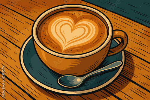 Coffee cup with heart latte art on wooden table  