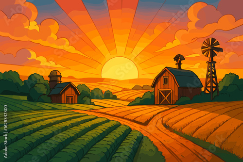 Colorful farm landscape at sunset with fields and windmill  