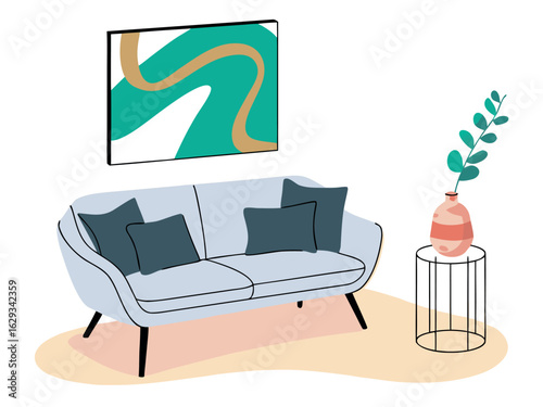 Modern living room with light blue sofa abstract art and side table with vase interior