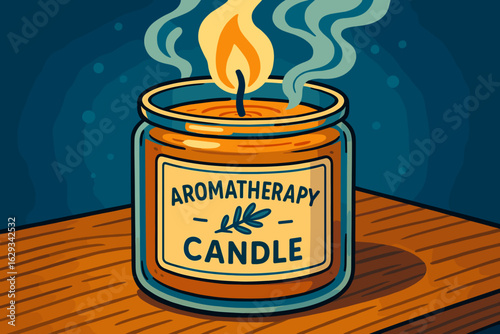 Aromatherapy candle burning with soothing scent on wooden table  