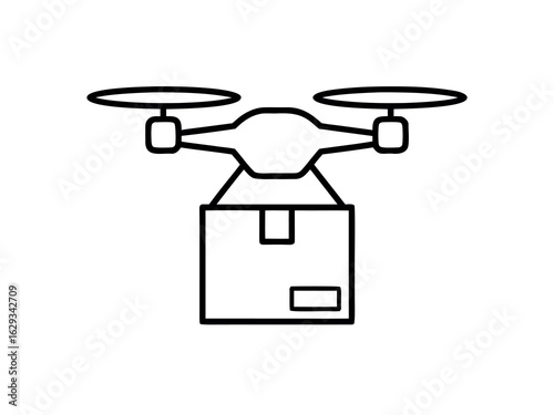 Outline Drawing of a Drone Delivering a Cardboard Box on White Background delivery