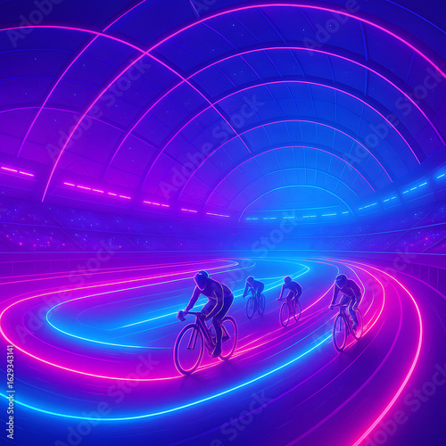 Dynamic Nighttime Cycling Competition with Neon Lights and Vibrant Colors in a Modern Arena