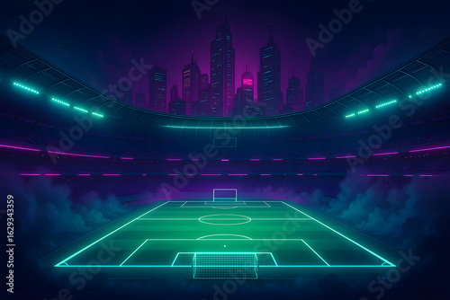 Futuristic Neon Soccer Stadium with Urban Skyline Amidst Mystic Fog at Night