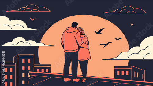Couple Embraces on Rooftop at Sunset.