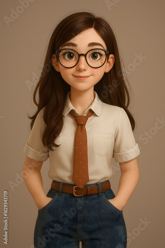 Stylish Animated Character with Glasses and Tie in Casual Outfit for Creative Projects and Illustrations