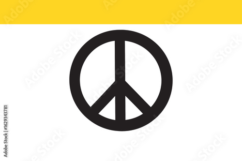 Iconic black peace symbol on a white and yellow flag, a universal sign representing pacifism, unity, and global harmony.