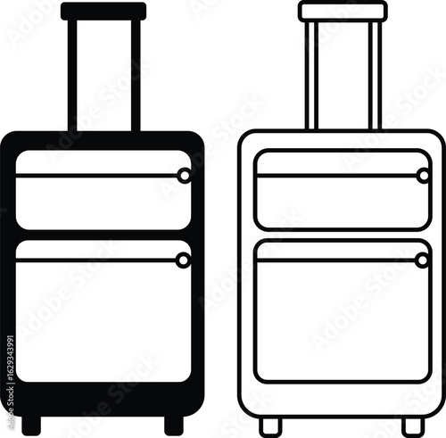 Luggage, suitcase and travel bag icons set in flat and outline style, black vectors collection, carry-on case symbols bundle, tourism baggage silhouette, airport trip design and trolley illustrations.