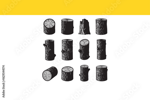 Collection of vintage hand-drawn wood logs and tree stumps. Engraved style illustration set for nature and forestry design elements.