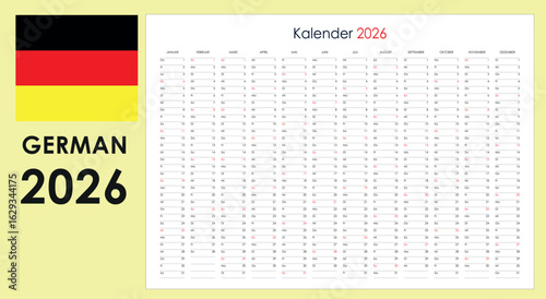 Yearly planner for 2026. Printable annual wall calendar in German.