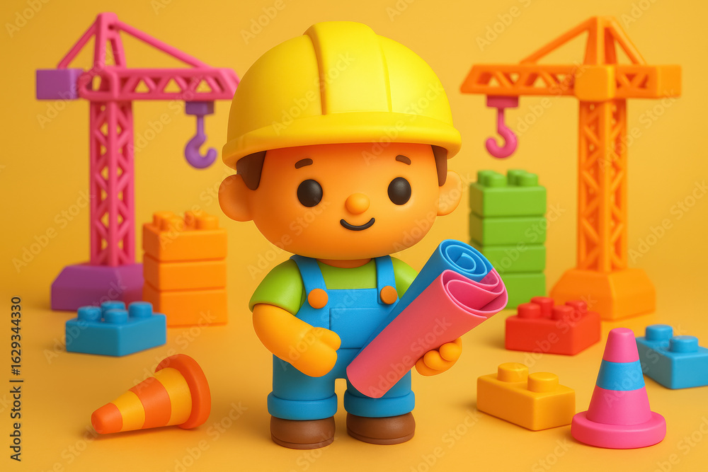Fototapeta premium Civil Engineer in construction outfit with toy cranes and blocks on yellow background