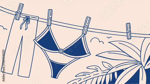 Drying Clothes and Swimsuit on a Clothesline.