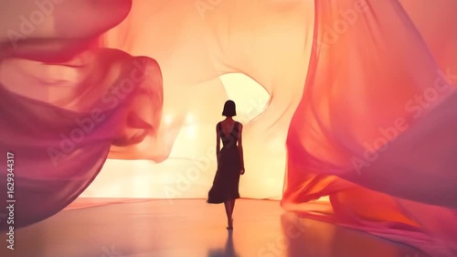 Silhouette of Woman Walking Through an Ethereal Tunnel of Flowing Pink and Orange Fabric