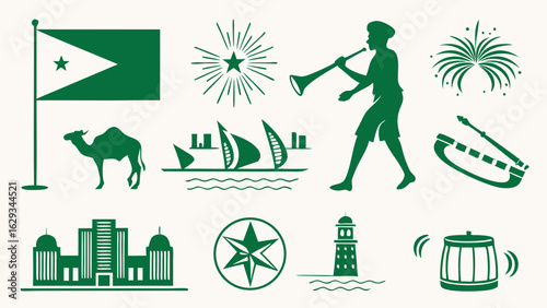Green Silhouette Icons of Dhow Boats Camel Flag and More.