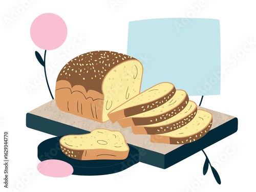 Sliced Loaf of Sesame Seed Bread on a Cutting Board with Decorative Elements sesame seeds