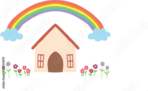 Cute Rainbow House with Flowers Vector Illustration for Kids