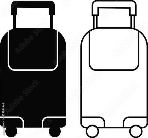 Luggage, suitcase and travel bag icons set in flat and outline style, black vectors collection, carry-on case symbols bundle, tourism baggage silhouette, airport trip design and trolley illustrations.