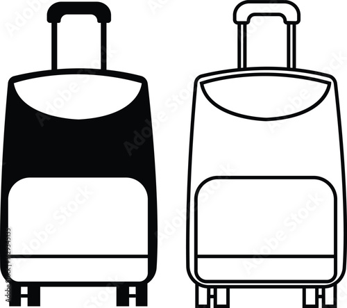 Luggage, suitcase and travel bag icons set in flat and outline style, black vectors collection, carry-on case symbols bundle, tourism baggage silhouette, airport trip design and trolley illustrations.