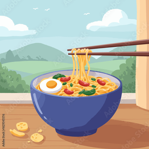 Bowl of fried noodles with egg and vegetables by window  