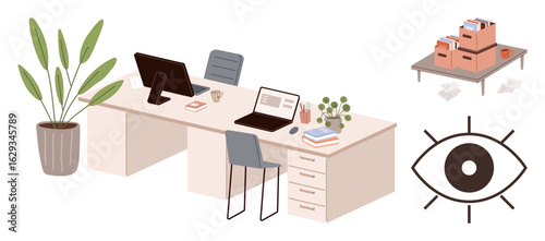 Desk setup with laptops, desktop monitor, chair, coffee, books, potted plant, nearby storage boxes, and abstract eye motif. Ideal for productivity workplace teamwork organization design focus