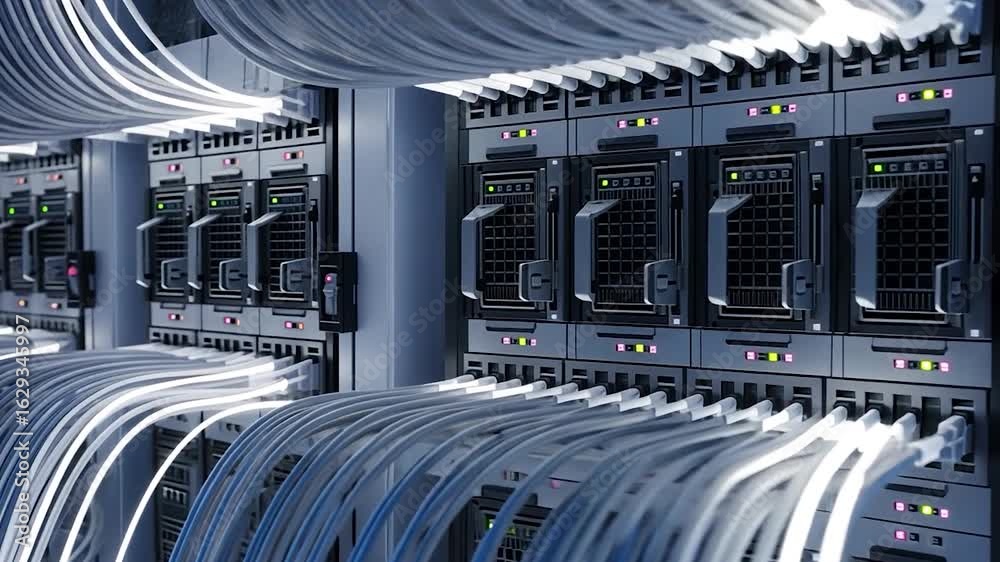 Inside a Modern Data Center with Rows of Servers and Fiber Optic Cables ...