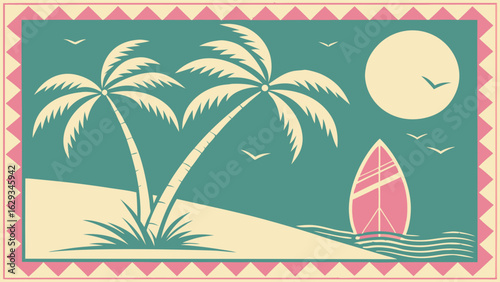 Retro Beach Scene with Palm Trees and Surfboard 1.