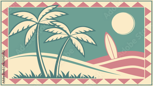 Retro Beach Scene with Palm Trees and Surfboard.