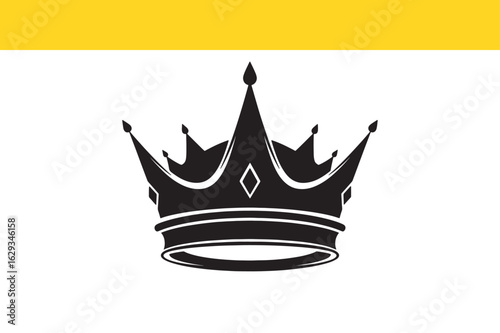 A graphic illustration symbolizing royalty and majesty, featuring a black imperial crown on a yellow and white flag.