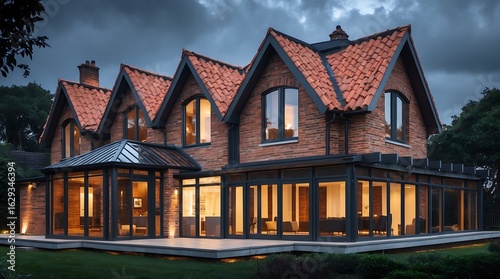 Magnificent victorian era red brick mansion with ornate gabled roofs and illuminated conservatory on a gloomy evening