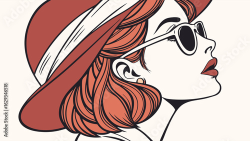 Stylish Woman in Profile with Red Hat and Sunglasses.