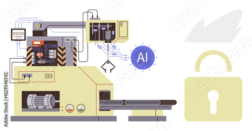 Industrial robotic system with AI chip and conveyor, illustrating automation, security lock, and smart tech. Ideal for AI innovation, machine learning, cybersecurity, manufacturing, automation IoT