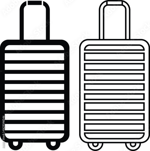Luggage, suitcase and travel bag icons set in flat and outline style, black vectors collection, carry-on case symbols bundle, tourism baggage silhouette, airport trip design and trolley illustrations.