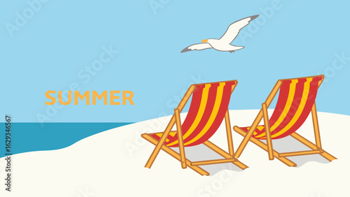 Summer Beach Chairs on Sandy Shore with Seagull.