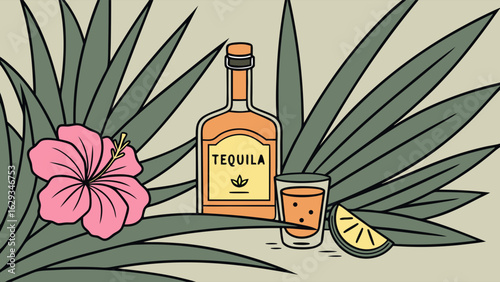 Tequila Hibiscus and Tropical Leaves Illustration.