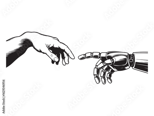 A Human helping hand Robot digital version line art, Touching virtual world, touch the finger of human outline background, artificial intelligence technology