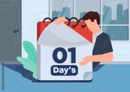 A young businessman opens a calendar. The first day of the calendar begins work. Flat style illustration design.