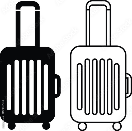 Luggage, suitcase and travel bag icons set in flat and outline style, black vectors collection, carry-on case symbols bundle, tourism baggage silhouette, airport trip design and trolley illustrations.