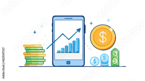 Investment growth tracking app for financial success and mobile banking with rising graph and money savings