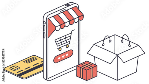 Online shopping mobile app store with credit card and delivery box vector illustration design concept