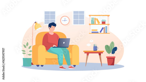Man working from home on laptop in living room vector illustration remote work and online meeting concept