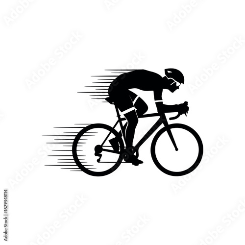 Black silhouette of a cyclist in motion with speed lines cycling bicycle