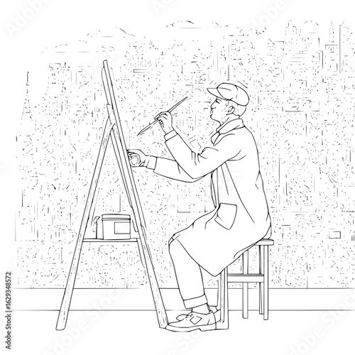 An artist sits on a stool painting at an easel with a brush in hand in a studio environment scene