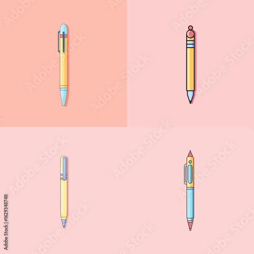 Minimal cartoon pens in soft pastel tones with playful details—perfect for office supplies, note-taking, or educational content for kids and teens.


