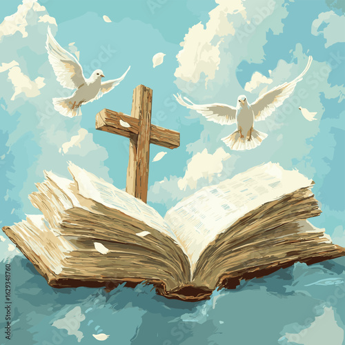 Illustration of an open book with a wooden cross and doves against a sky background