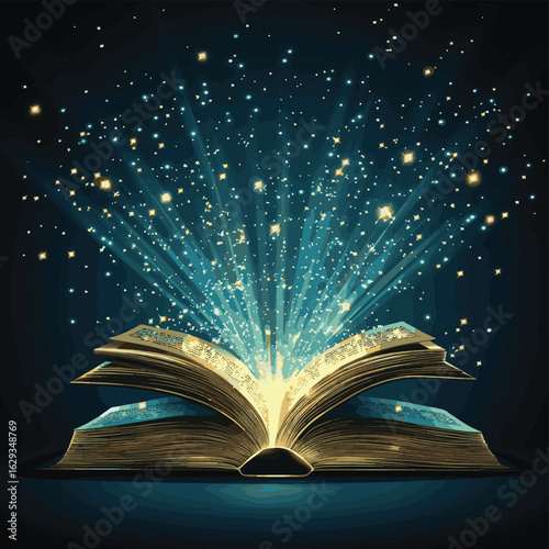 Illustration of an open book with a wooden cross and doves against a sky background