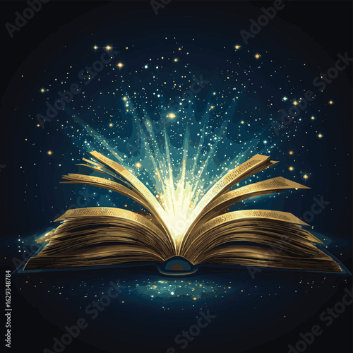Illustration of an open book with a wooden cross and doves against a sky background