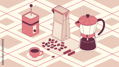 Isometric Coffee Making Supplies Arrangement.