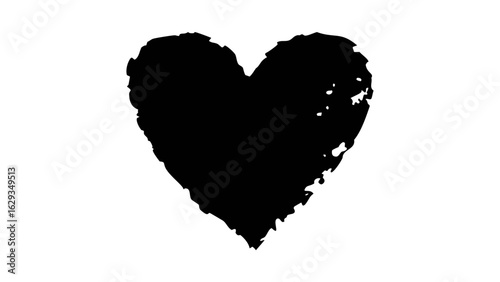 Black heart shape with rough edges and uneven texture on a white background creating a simple graphic design